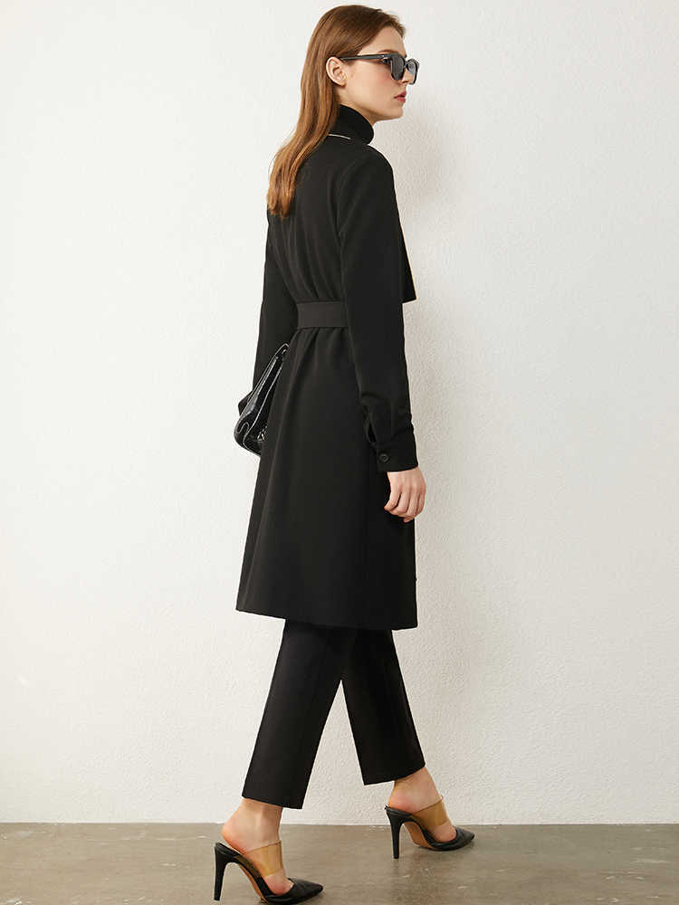 Minimalism Spring Autumn Women's Suit Coat Fashion Offical Lady Lapel Belt Knee-length Black Blazer Women 12070479 210527