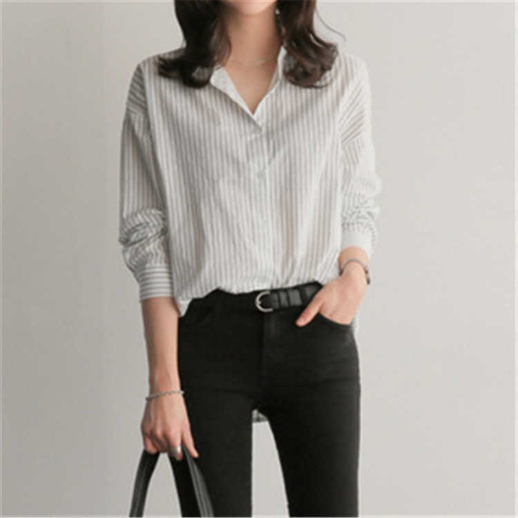 Vertical Stripe BF Plus Size Autumn Full Shirts Medium and Long All Match Loose Blouse Women 210615