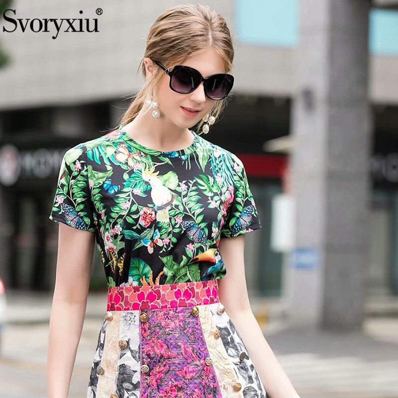 Svoryxiu Women's Summer Fashion Short Sleeve T Shirts High Quality Beaded Jungle Animal Print Plus Size Casual Tops Tees Female T200512