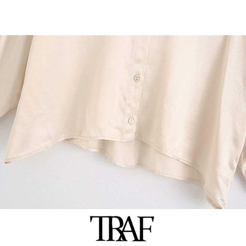 TRAF Women Fashion Button-up Loose Cropped Blouses Vintage Short Sleeve Cozy Female Shirts Blusas Chic Tops 210225