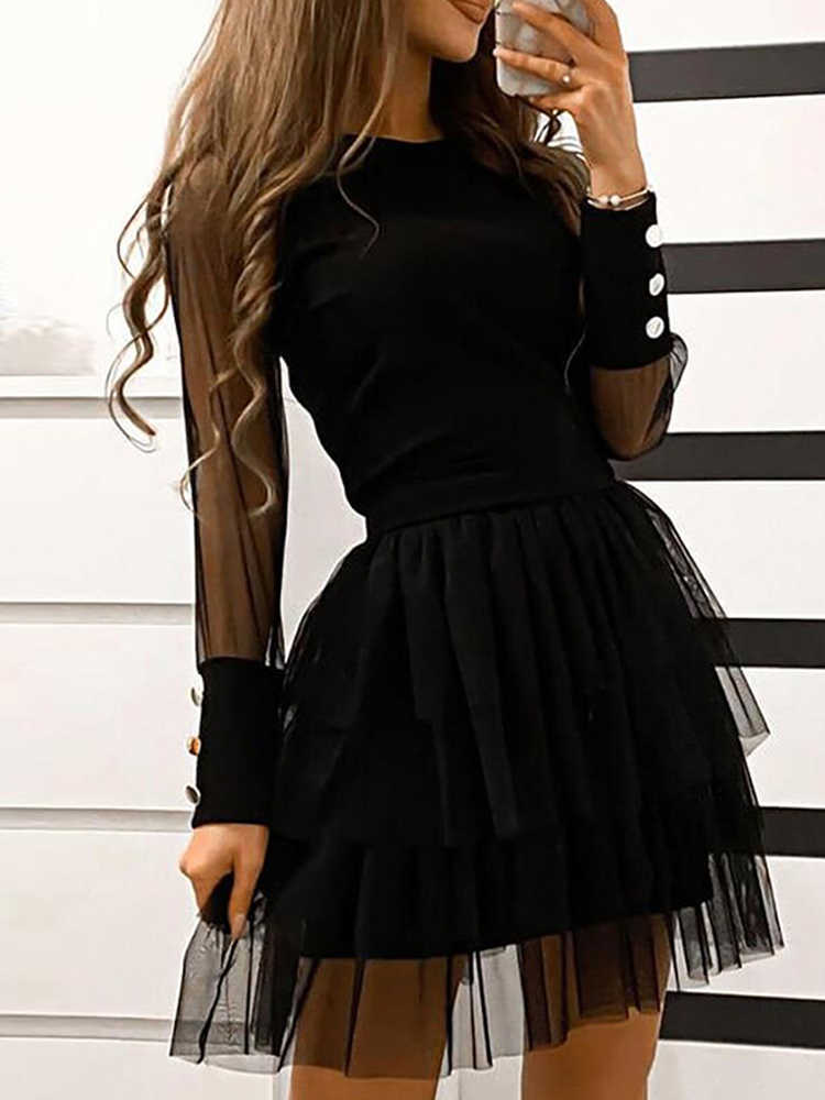 Women Fashion Black Mesh Splicing Cocktail Party Dress Club Dress Long Sleeve Mini Dress 210716