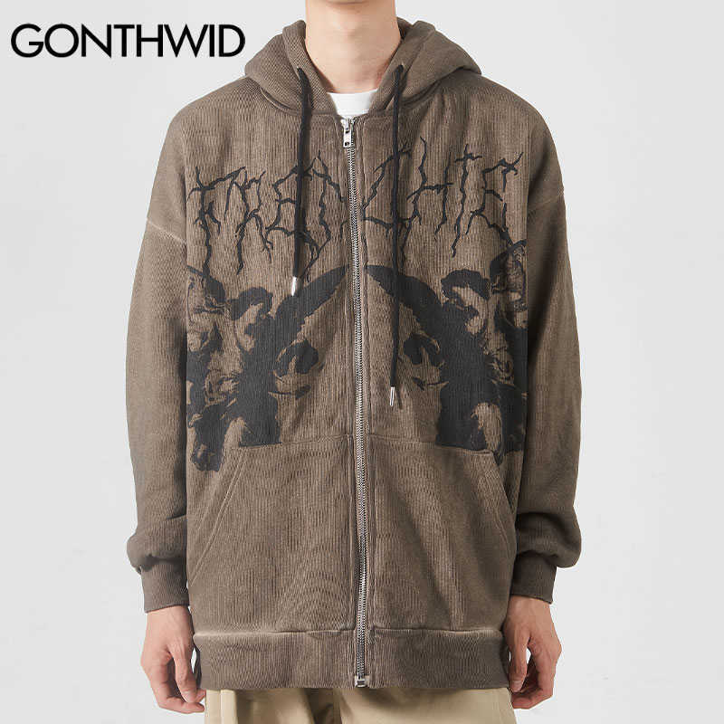 GONTHWID Fleece Hooded Jackets Streetwear Casual Graffiti Angel Print Letter Embroidery Harajuku Hip Hop Men Coat Tops Outwear 211110