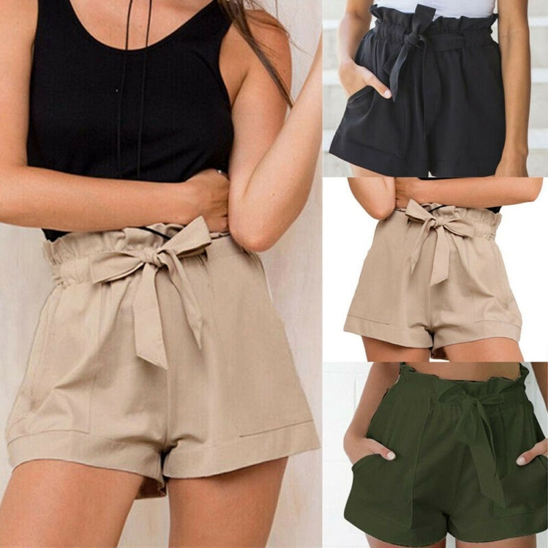 Fashion Women Shorts High Waist Paper Bag Tie Belt Shorts Ladies Summer Shorts Size 6-14 210611