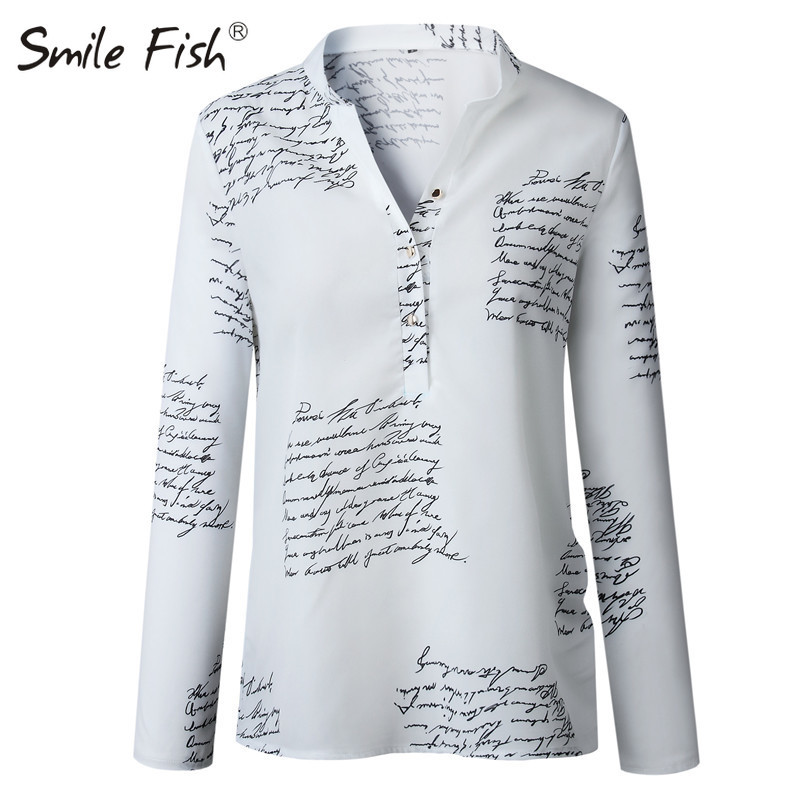 Letters Printed Buttons Up Stand Collar Shirts Women New Fashion Lady White Blouses 3XL Long Sleeve Chain Blusas Plus Size M0303 210225