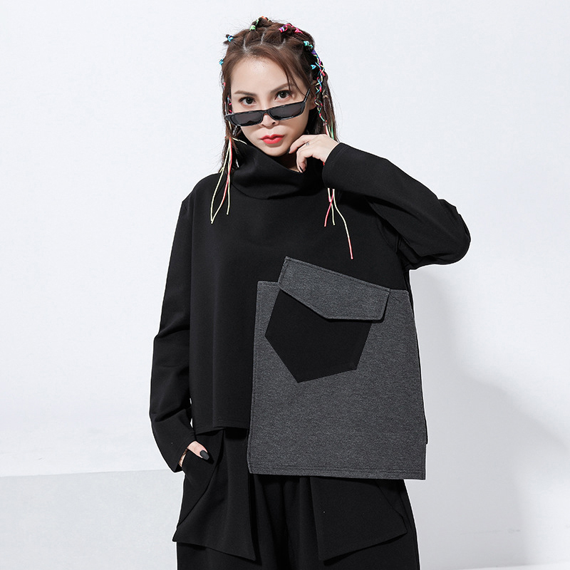 EAM Loose Fit Pocket Split Joint Sweatshirt Turtleneck Long Sleeve Women Big Size Fashion Spring Autumn 1Z338 201126
