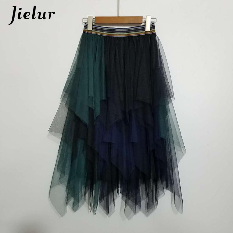 Jielur Tulle Skirt Spell Color Elastic High Waist Skirts Womens Dance Tutu Skirts Irregular Skirt Lolita Petticoat Midi Rokken 210309