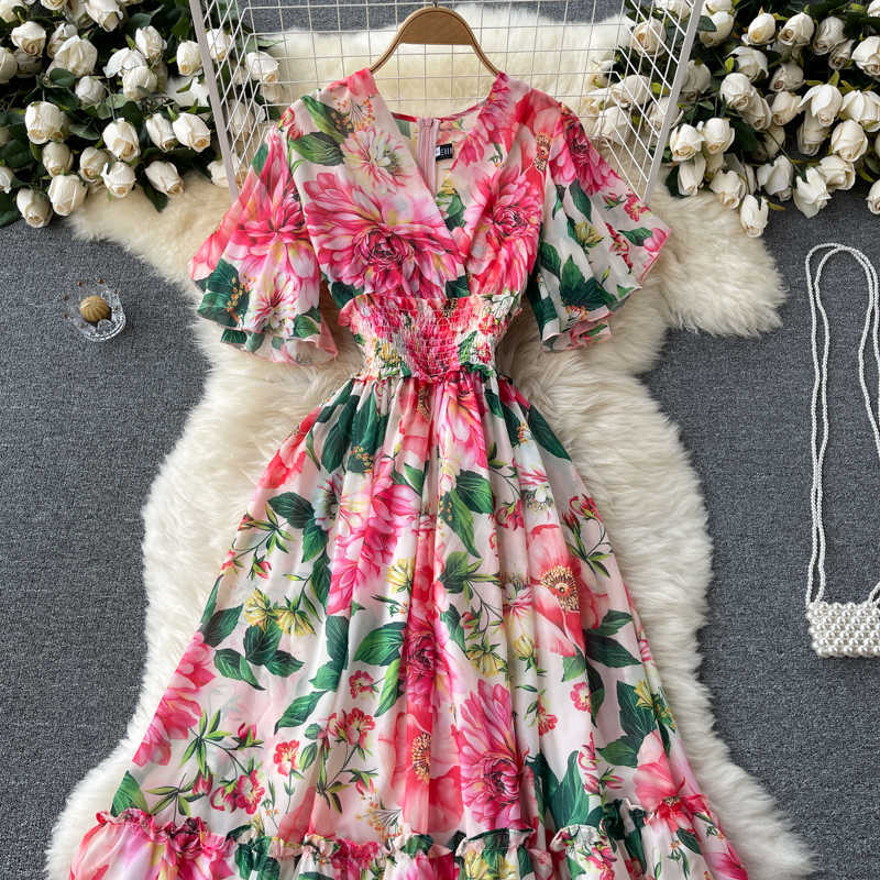 DEAT Women Printing Ruffles Midi-long Dress V-Neck Short Sleeve Arrivals Lady Temperament Fashion Spring Summer 11D607 210709