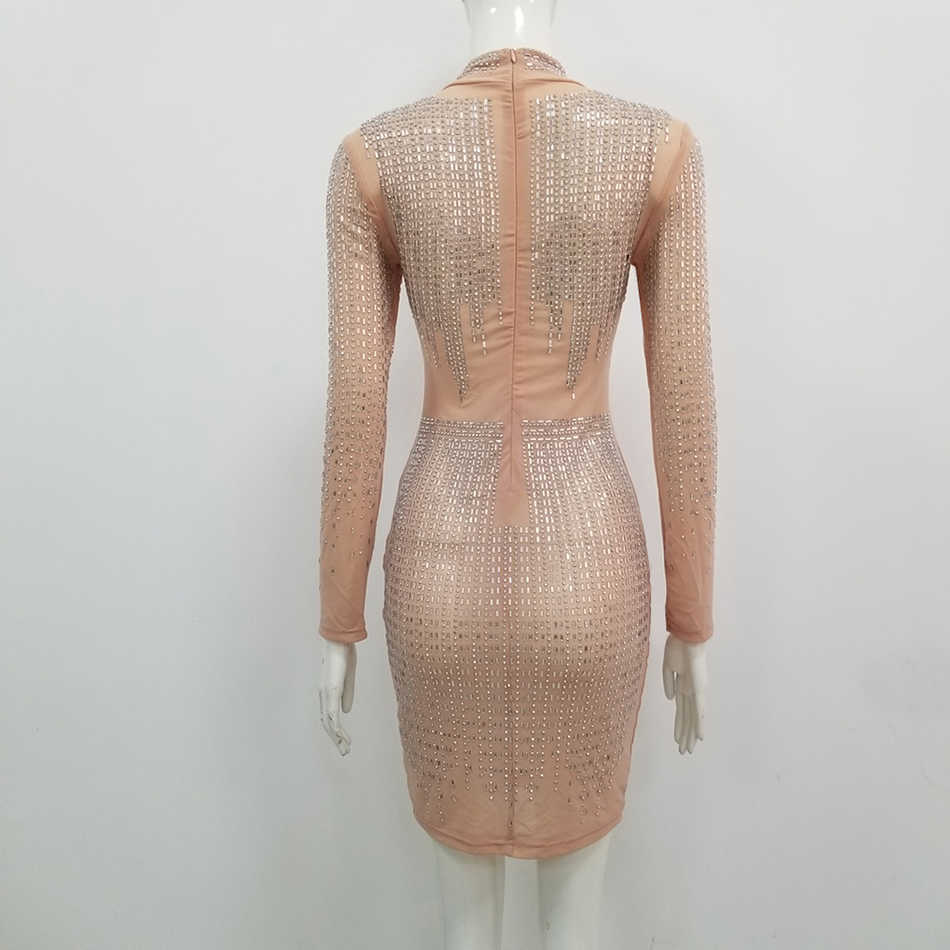 Ladies Summer Sexy Long Sleeve Mesh Beaded Glittering Black Khaki Bodycon Dress Elegant Party Vestidos 210525