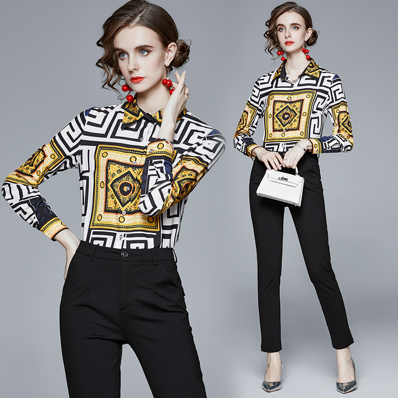 new luxury vintage button shirts baroque print womens runway tops spring autumn winter plus size office ladies designer long sleeve blouses, Customize
new luxury vintage button shirts baroque print womens runway tops spring autumn winter plus size office ladies designer long sleeve blouses, Customize