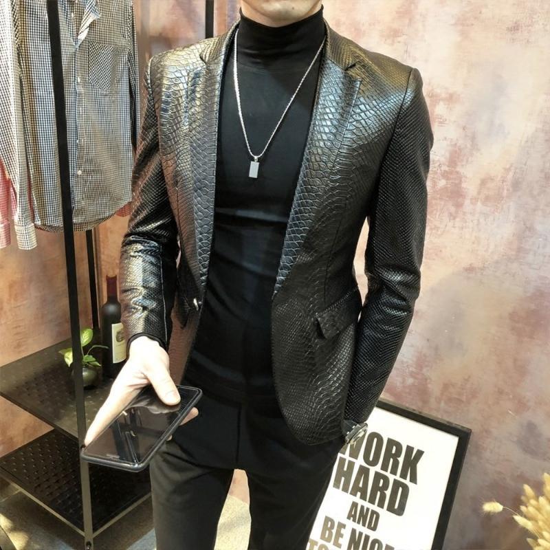 Men's Leather Faux Leather Mens Real Leather Crocodile Pattern Blazer Jacket Slim Fit Casual Coat Plus Size Black 2024 Outwear S25144