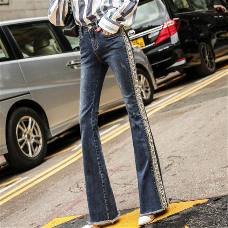 Plus Size Fringed Pearl Embroidered Flare Jeans Women Boot Cut Trousers Casual Stretch Skinny Bell Bottom Denim Pants Streetwear 210222