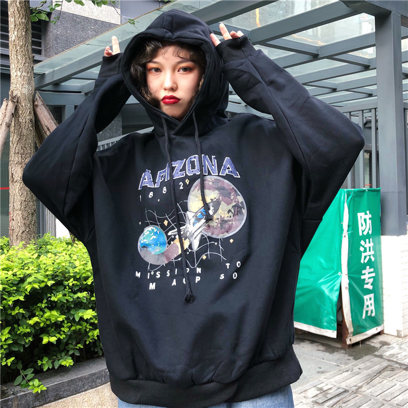 Paris Girl Women Loose Restore Star Airship Printing Black Thin Pullover O-neck Hoddie Sweatshirt Girls White Gray Hoodies T200407