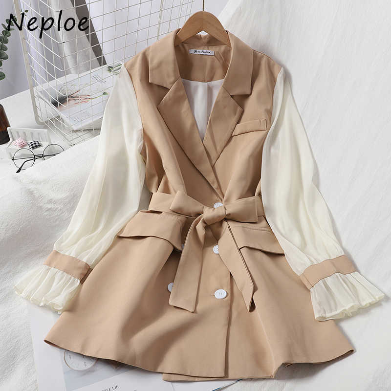 Neploe Women Dress Autumn Fashion Patchwork Chiffon Long Sleeve Sashes Temperament Notched Collar Korean Gentleness Dresses 210630
