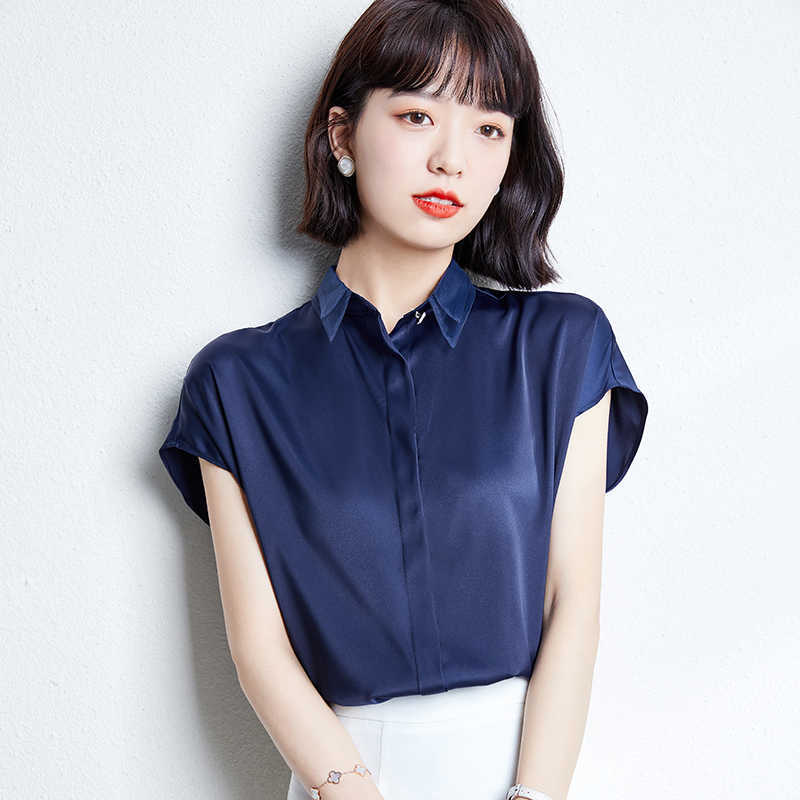 Blouses for Women Summer Tops Short Sleeve Casual Satin Blouse Female Work Wear Pink Office Lady Shirts Plus Size XXL 210531