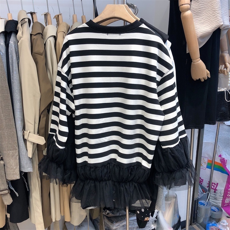 [EWQ] Autumn Ladies Stitching Mesh Flared Sleeves Loose Long-sleeved Sweatshirt Contrast Color Ruffled Thick Tops For Women 201102