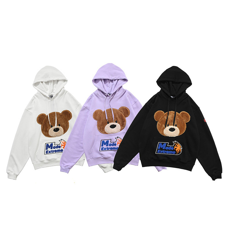 Aolamegs Hoodies Men Cartoon Furry Bear Letter Patch Harajuku Oversized Retro Hip Hop Hooded Pullover Men Sweatshirt Streetwear 201020