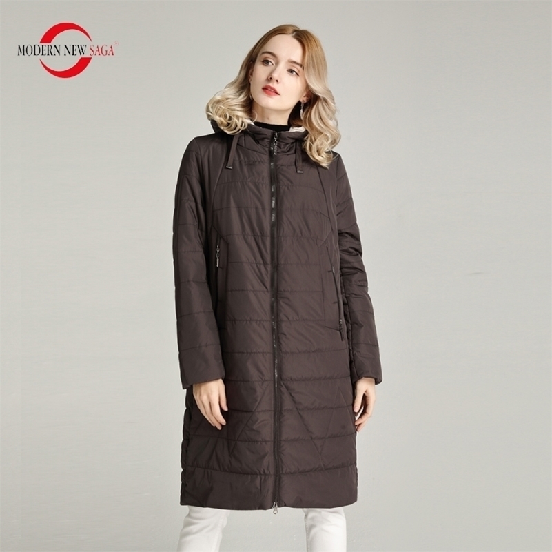 MODERN NEW SAGA Women Coat Spring Thin Padded Jacket Polyester Autumn Women Long Jacket Hooded Woman Parka Ladies Overcoat 201019