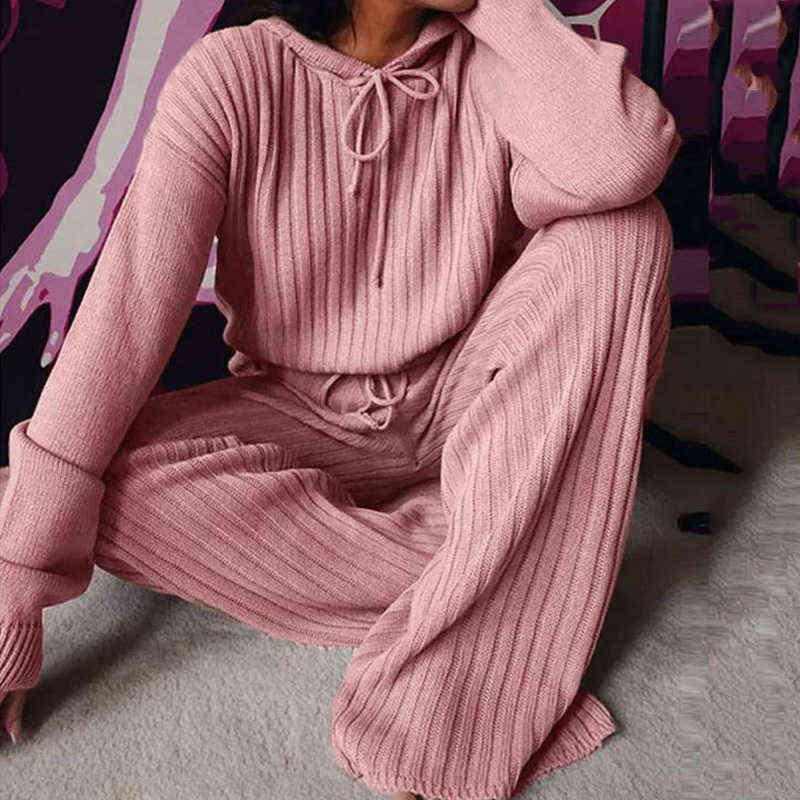 Autumn Winter Knitted Pajama Set Women Hooded Pajama Pants Home Suit for Women Long Sleeve Sleepwear Loose Lounge Wear Ladies 211109