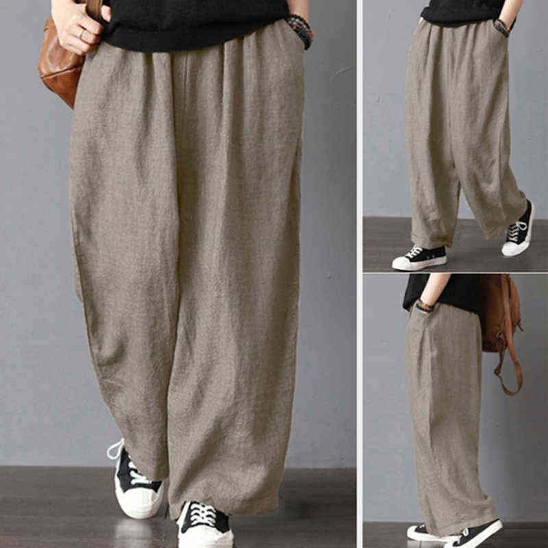 Women Harem Pants Trousers Boho Mid Waist Solid Check Baggy Wide Leg Casual s 211115