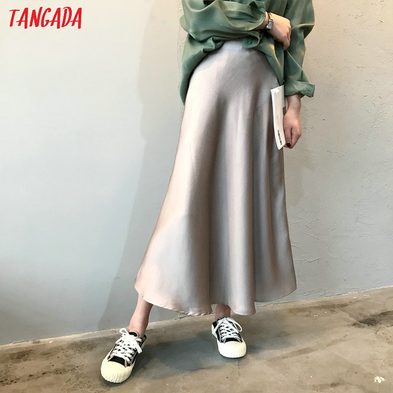 Tangada women solid A-line midi skirt faldas mujer vintage side zipper office ladies kirts high quality ASF42 210309