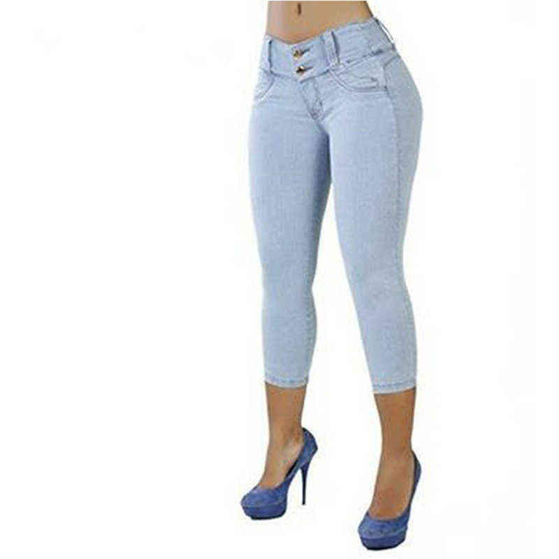 Women Sexy Casual Cropped Pants Solid Color Button Fly Waist Slim Trousers Breathable Elastic Pencil Pants 211111