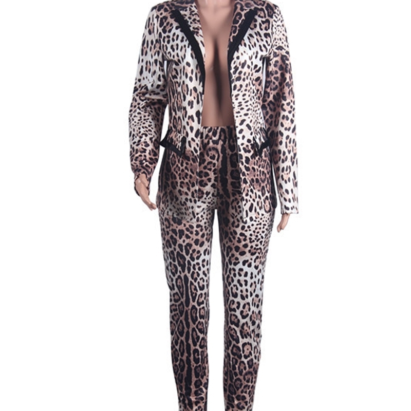 Autumn Winter Tracksuits Leopard Print Full Sleeve Blazers Pants Suit Two Piece Set Office Lady Uniform Work Women's Set 7042 T200818