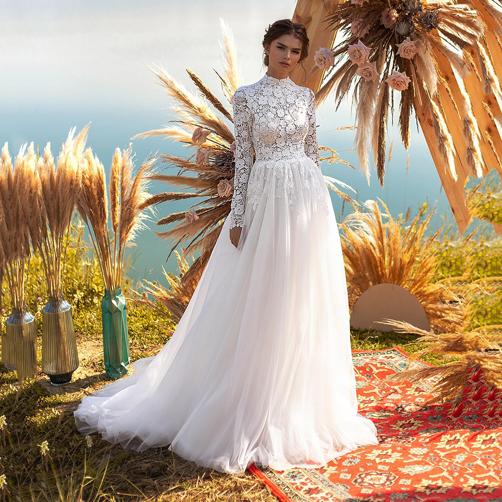 Wedding Modest Lace Dresses High Collar Long Sleeves Bridal Gowns A Line Sweep Train Tulle Muslim Plus Size Robe De Marie