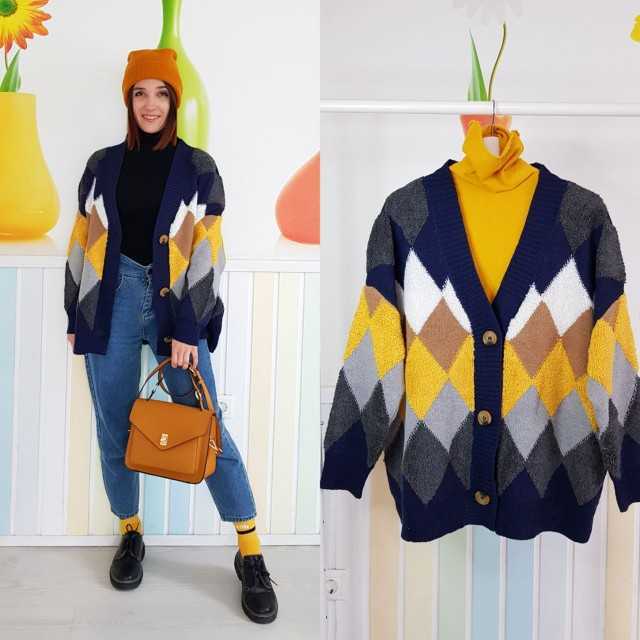 Colorfaith Women's Sweaters Winter Spring Plaid V-Neck Cardigans Button Puff Sleeve Checkered Oversize Sweater Tops SW658 211011Z