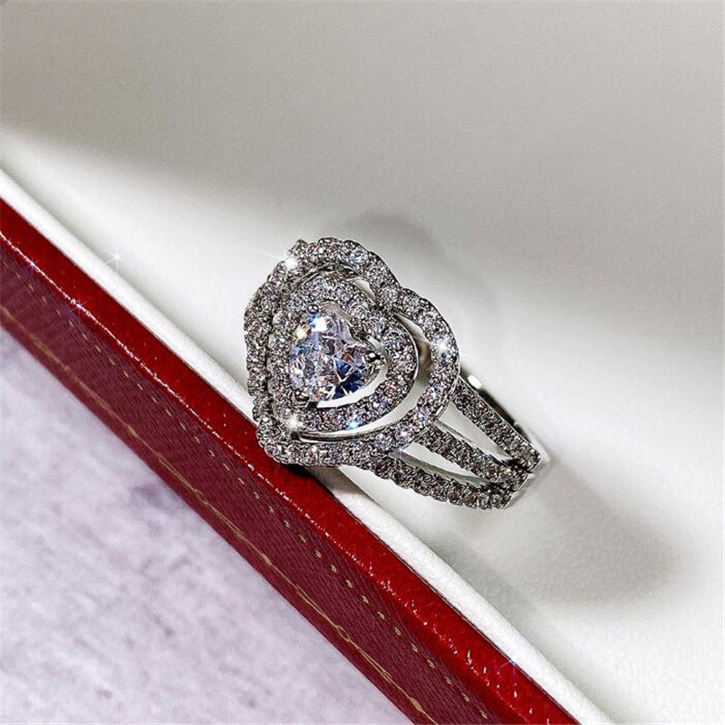 Ins Top Sell Wedding Rings Luxury Jewelry 925 Sterling Silver Handmade Pave White Sapphire CZ Diamond Gemstones Eternity Women Bridal Heart Ring For L