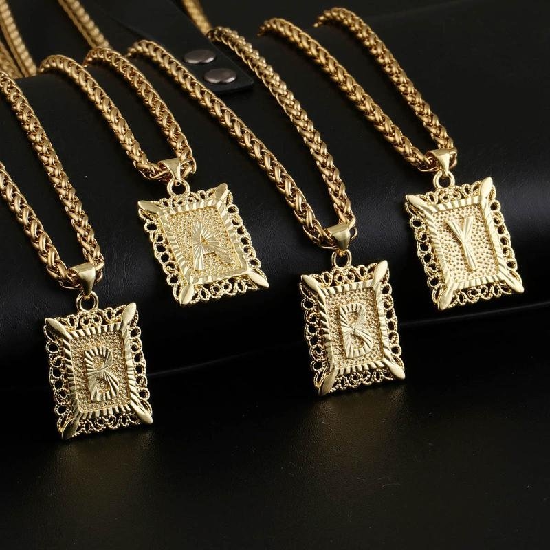 Pendant Necklaces Copper 26 Capital A-Z Letter Square Necklace For Women Men Gold Color Alphabet Initial Chain Name Jewelry Gift