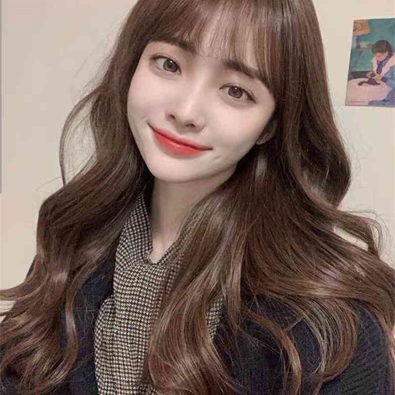 set Full Korean head wig female big wave round face micro curly net red medium long hair natural air bangs, Natural black 
set Full Korean head wig female big wave round face micro curly net red medium long hair natural air bangs, Natural black