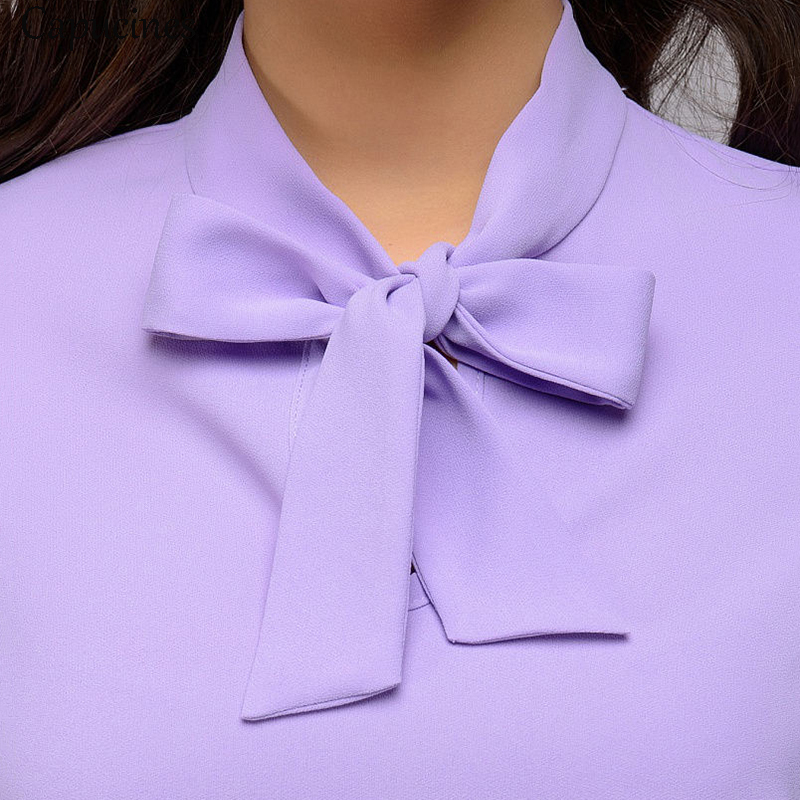 Women Fashion Bow Tie Chiffon Blouse Shirt Spring Autumn Elegant Office lady Blouses Long Sleeve Casual Shirts Solid Tops 210225