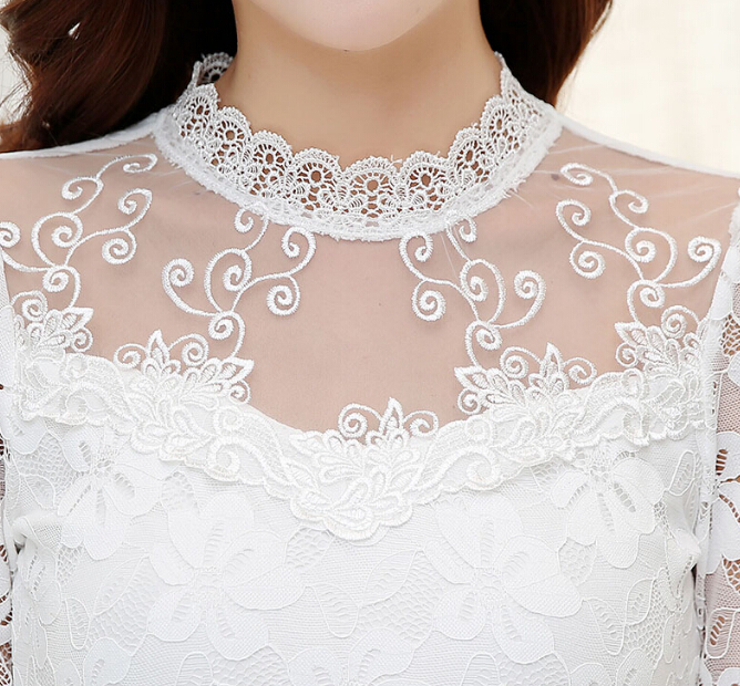 Women Sexy Hollow Out Chiffon Lace Blouse Long Sleeve Stand Collar Floral Lace Shirt Tops Casual Women clothing Blusas 210225