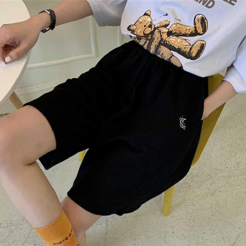 Shorts Women Summer Loose 3XL Solid Embroidery BF Wide-leg Knee-length Harajuku Casual Simple Ins Trendy All-match Students Chic 210714