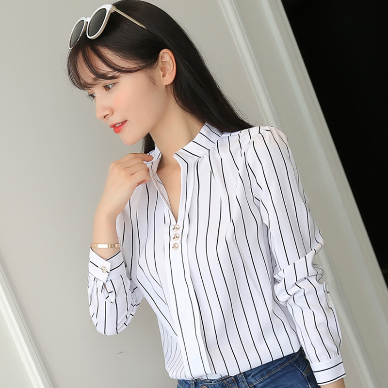 Fashion Women's Solid White Shirts Office Lady Workwear Spring Summer Long Sleeve Chiffon Blouse Female Elegant V-Neck Tops 210225