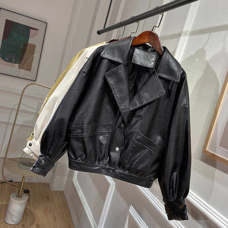 LY VAREY LIN Autumn Women Faux Leather Jacket Loose Style Vintage Batwing Sleeve Biker Coat Punk 210526