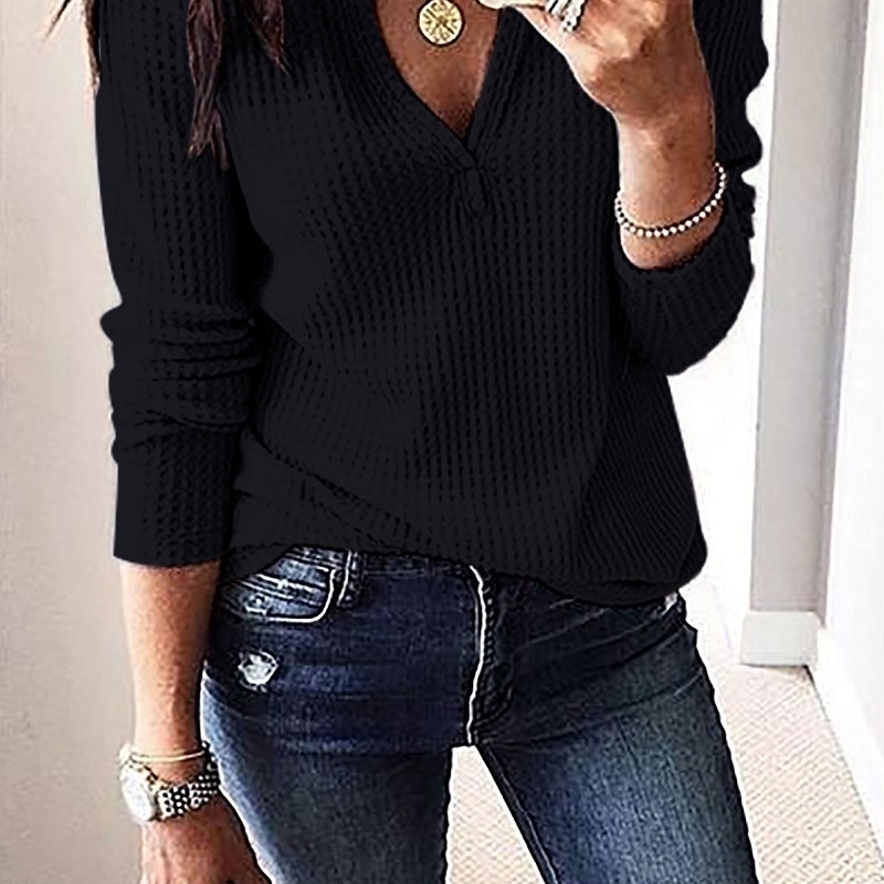 Womens V Neck T Shirts Solid Long Sleeve Waffle Knit Loose Top 210302