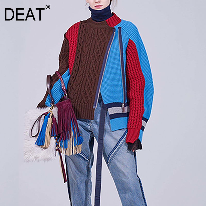 DEAT new autumn and winter round neck full sleeves knitting zippers contrast colors cardigan female clothes WN60205L 210218