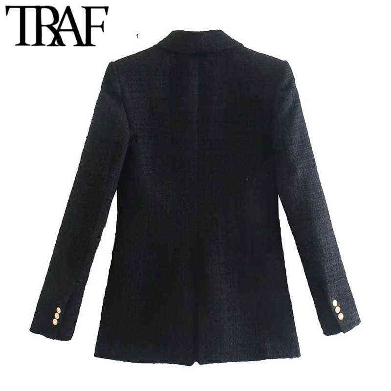 TRAF Women Fashion With Metal Button Tweed Blazer Coat Vintage Long Sleeve Flap Pockets Female Outerwear Chic Veste 211122