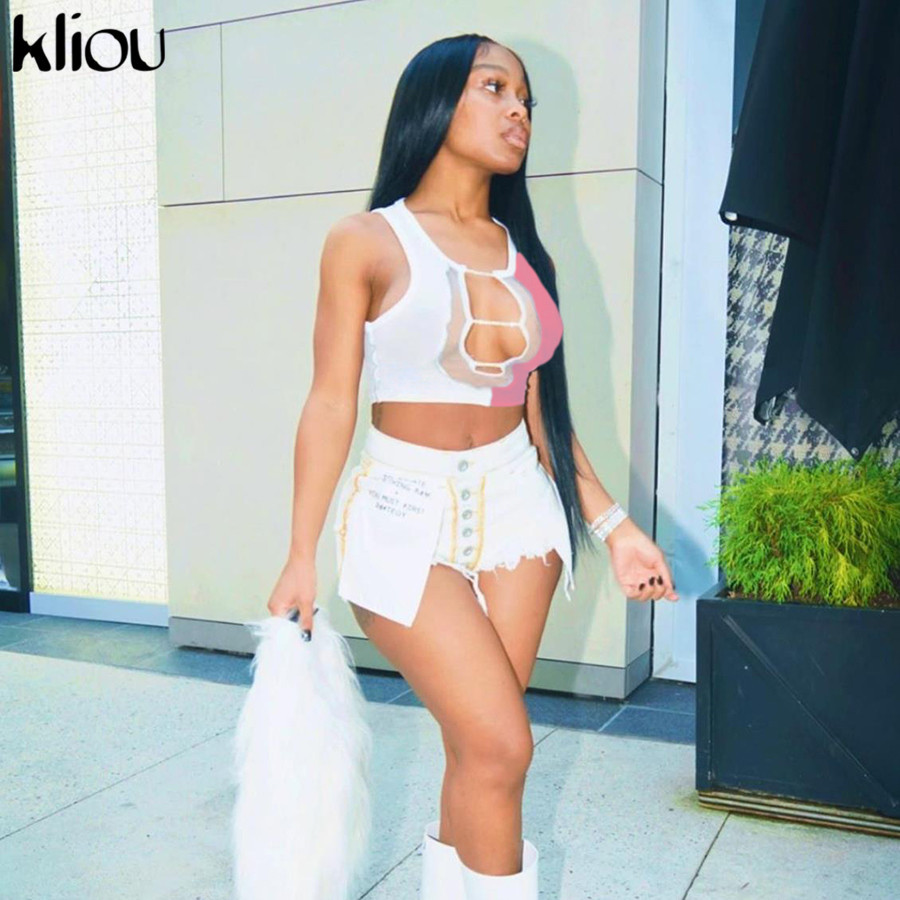 Kliou Sexy Hollow Out Patchwork Chain-Pinned Front Crop Top Women Tanks Sleeveless Ribbed Stretchy Hot Clubwear Party Streetwear 210308