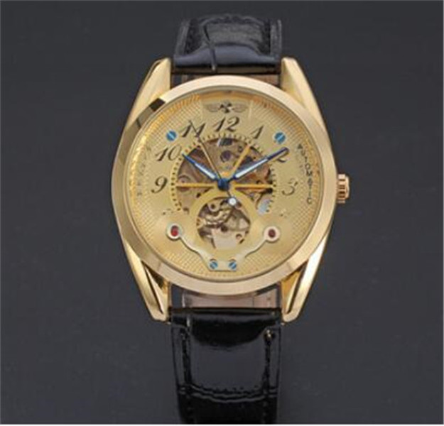 Top sell WINNER fashion Man watches Mens Automatic Watch Mechanical watch for man Leather strap Gold faceWN52