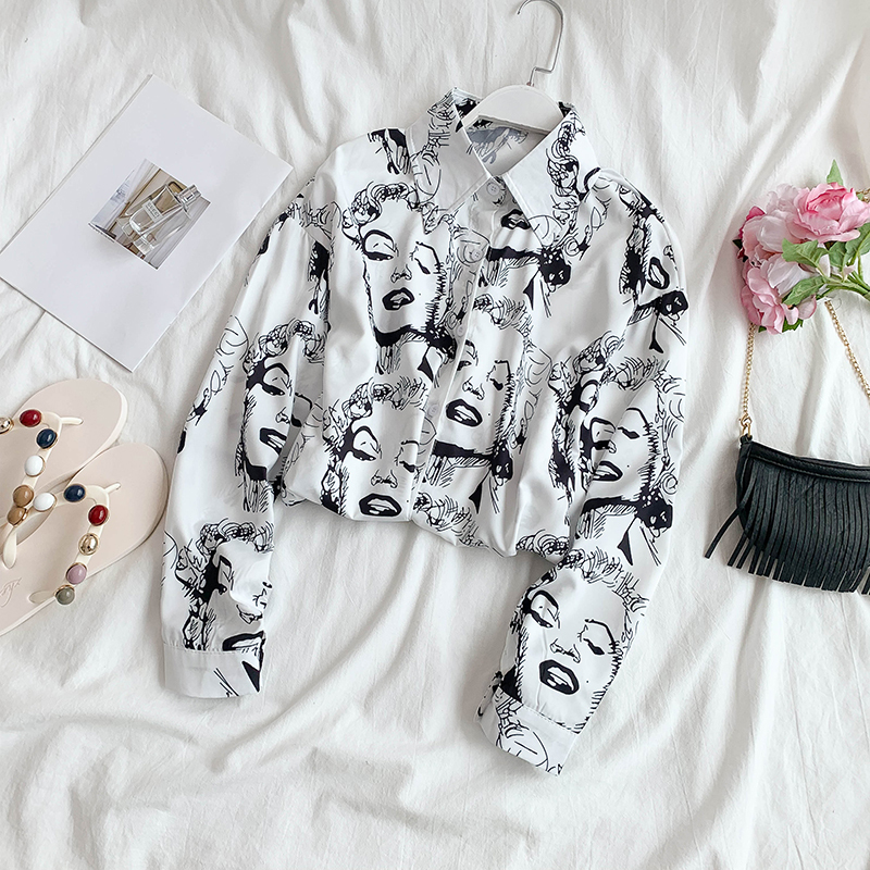 Womens Character Shirts Cartoon Print Long-sleeved European Chic Blouse Student Casual Woman Shirts Female Tops LS056 210225