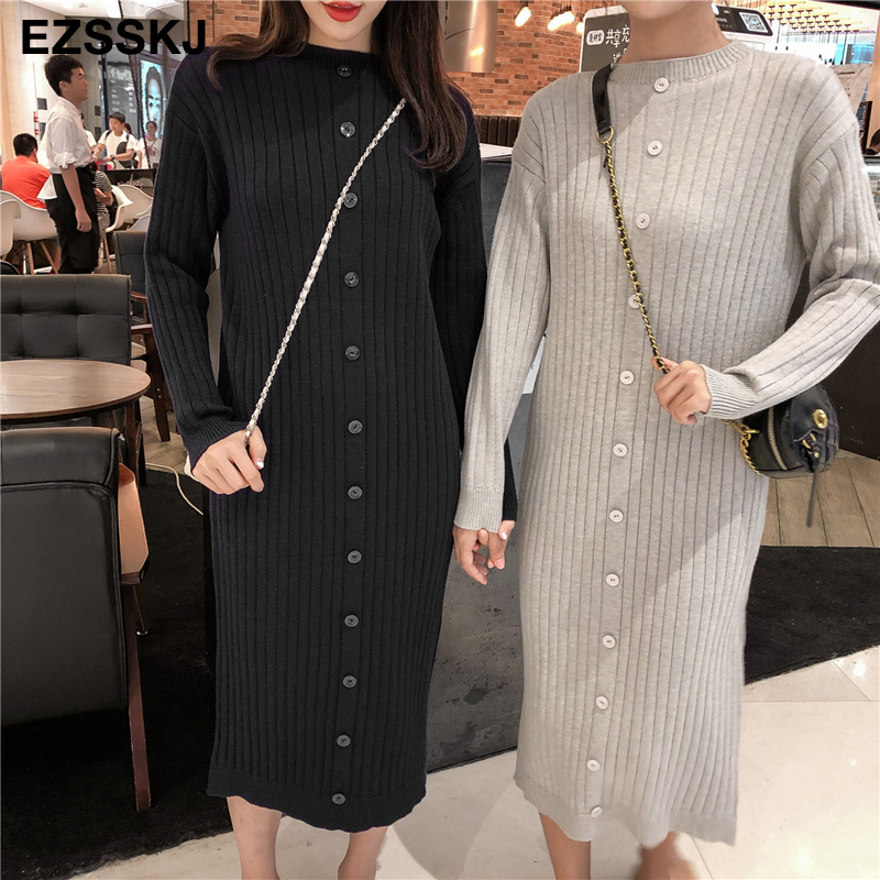 button straight autumn winter Women thick long Sweater dress robe Knitted Sweaters maxi dress Female slim dress 201008