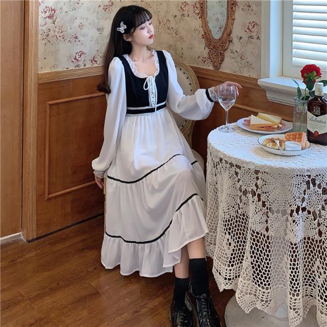 Casual Dresses Patchwork Fairy Dress Women Autumn Elegant Chiffon Sweet Party Female Kawaii Bandage Korean Fall 2021 Clothing