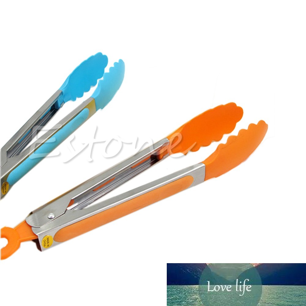 Silicone Kitchen Cooking Salad Serving BBQ Tongs Stainless Steel Handle Utensil random color