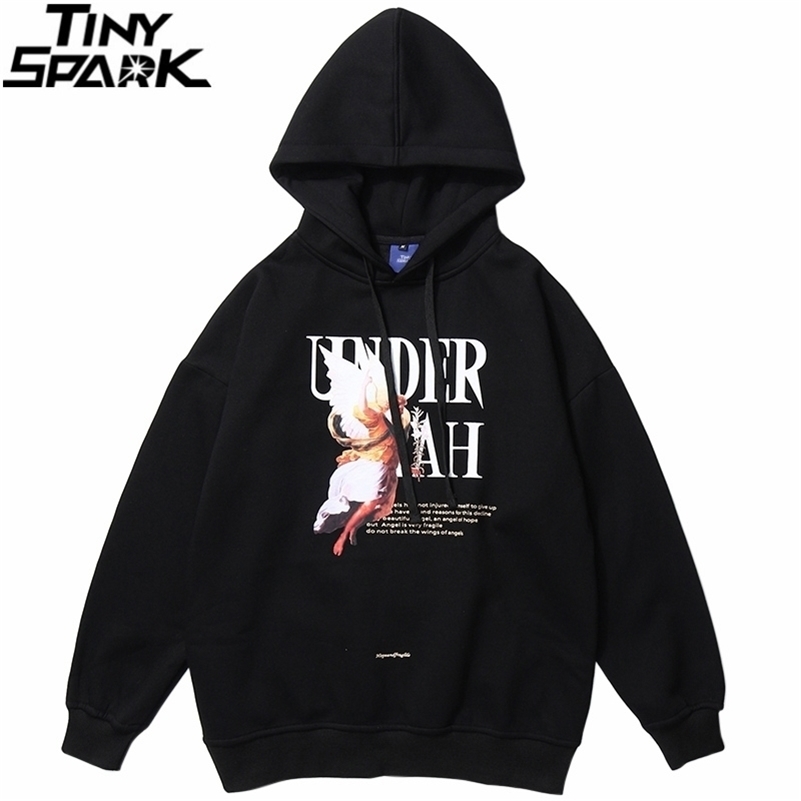 Mens Hip Hop Streetwear Hoodie Angel Girl Print Sweatshirt Loose Cotton Fleece Pullover Autumn Winter Black Hoodie Hipster 201020