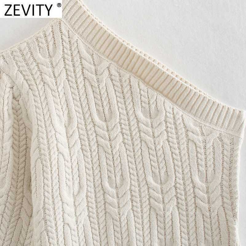 Zevity Women Sexy Asymmetry Single Shoulder Short Crochet Knitting Sweater Female Chic Lantern Sleeve Slim Pullovers Tops CT687 210603