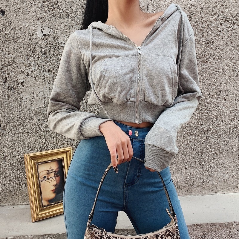 Front Pockets Zip Up Hoodies Women Spring Fall Solid Color Crop Top Casual Sweatshirt Ladies White Black Cropped Hooded 201102