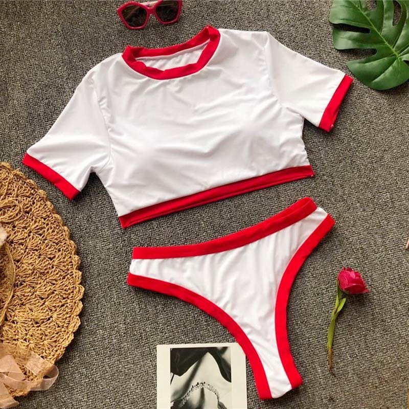 Vigorashely Sexy Red Sport Bikini Thong Swimsuit Short Sleeve Swimwear Women High Waist Bikini Bathing Suit Swim Wear 210305