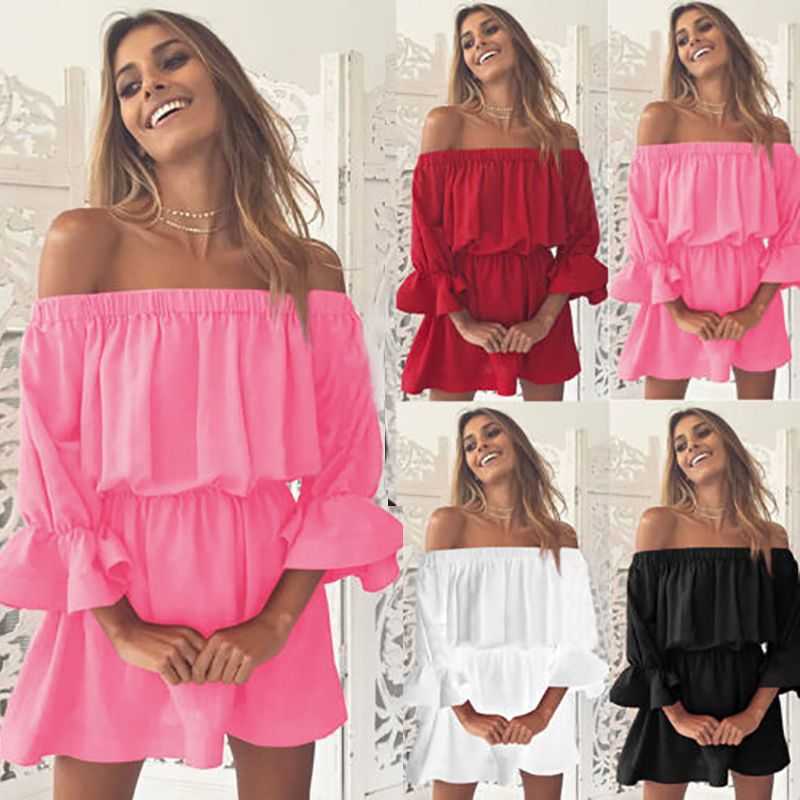Women Slash Neck Off Shoulder Dresses Summer Flare Sleeve Bandage Solid Sundress Loose Casual Sexy Beach Vestidos Robe Dress 210623